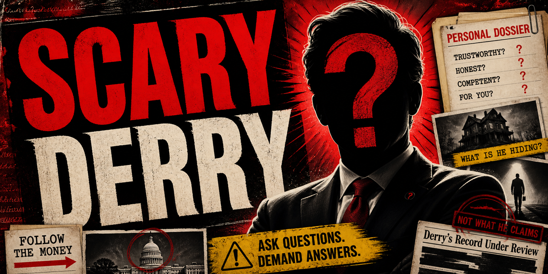 A political attack poster reading Scary Derry with a shadowy candidate.
